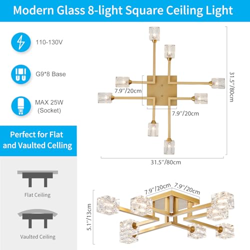XINGQI Modern Ceiling 8 Lights Semi Flush Mount Ceiling Light Fixture, Gold Sputnik Chandeliers Mid Century for Bedroom Dining Room Farmhouse Kitchen Office by XINGQI - Image 2