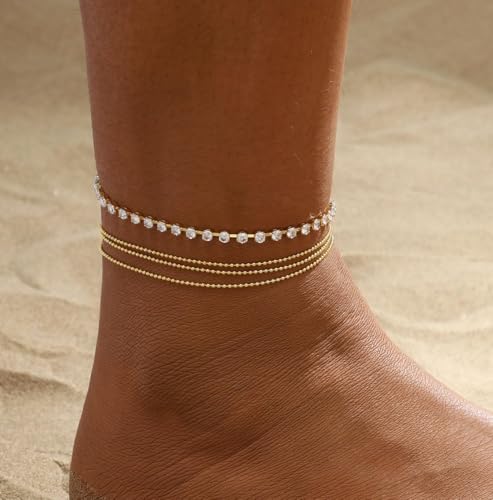 Image of 2 /3 PCS Gold Anklets for Women Waterproof Cuban Link Anklet Beaded Bracelets Stackable Bracelets 14K Gold Plated Custom Jewelry Gifts Non Tarnish Lightweight
