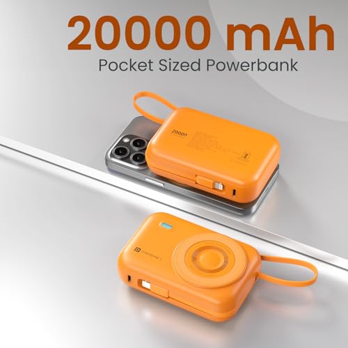 Image of Portronics Power Shutter 20000mAh 15W Magnetic Wireless Fast Charging Powerbank with in-Built Type C & 8 Pin Cable, 22.5W Type C PD Output, Type C Bidirectional Port, LED Display (Orange)