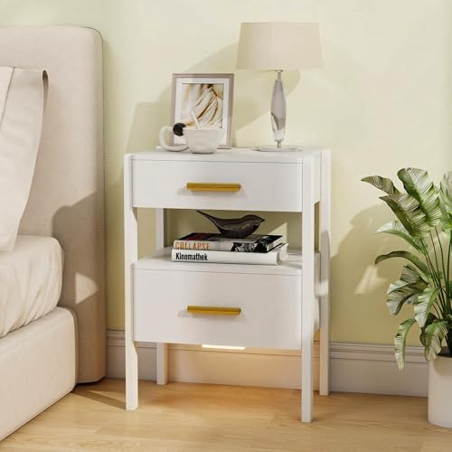 Tltaroni Nightstand with 2 Drawers and Open Shelf Wooden Bedside Table Gold Handles Modern Storage Night Stand Sensor Light for Bedroom White