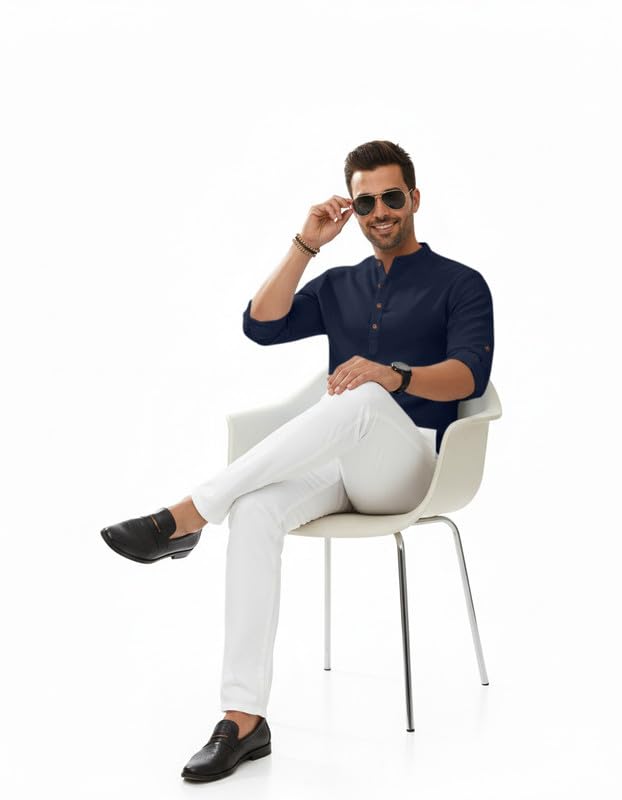 Image of Macsivo Men's Cotton Blend Solid Short Kurta with Regular Lenth Mandarin Neck Full Sleeves and roll-up tab| Kurta Style Shirt for Men