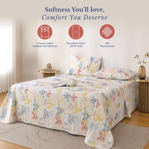 Image of Jaipur Weaves Double Bed Cotton Bedsheet Queen Size 90x100, 100% Pure Cotton Bed Sheet with 2 Pillow Covers, 240 TC Soft Breathable Floral Design - (Orange Floral, Queen)