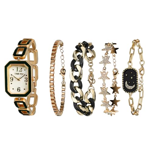 TIME100 Women's Rectangle Watch and Bracelet Set, Women's Bracelet Watch Set, Black and Rose Gold