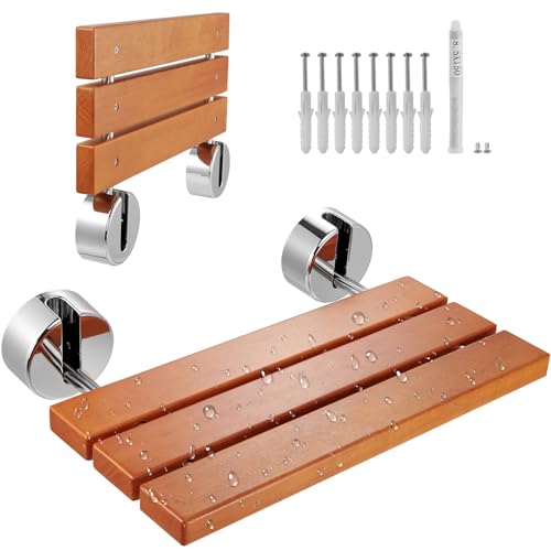 VEVOR Klappbarer Duschsitz aus Teakholz, 50,6 x 33,3 cm ausgeklappt, wandmontierte hochklappbare Duschbank mit 200 kg Tragkraft, platzsparender herunterklappbarer Duschstuhl für die häusliche Pflege