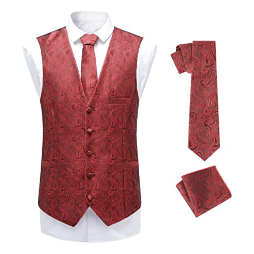 Allthemen Herren Anzugweste Paisley Jacquard Weste Krawatte Einstecktuch Anzug Weste Set für Hochzeit Rot L Cover
