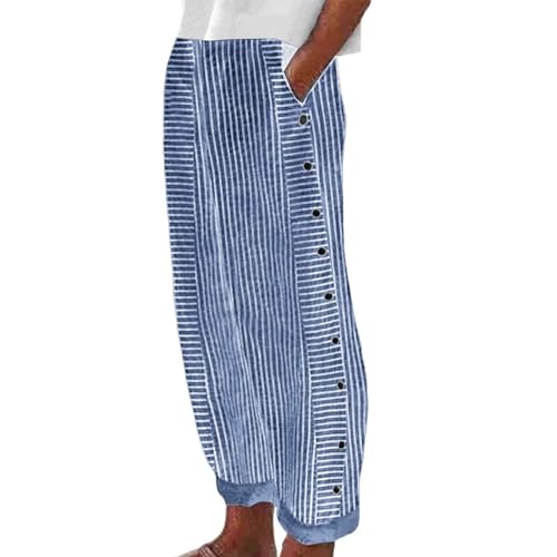 Women's Casual Pants Striped Side Button Elastic Waist Trendy Pants Straight Leg Baggy Summer Trousers with Pockets