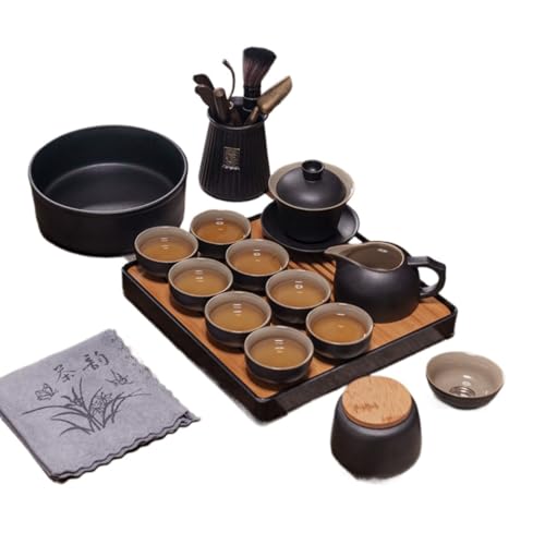 Vlfn 黒陶功夫茶具セット 急須茶杯蓋碗茶筒トレー付き 全セット オフィス業務用 家庭用 和モダン (15点蓋碗セット+茶托(発泡スチロール安全包装))