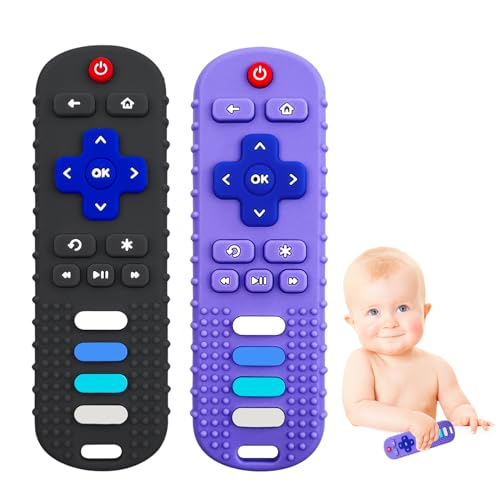 Image of ERSIHUA 2-Pack Silicone Baby Teething Toys, Fire TV Remote Shape for 18 Months Infant, Toddlers, Boys and Girls Early Educational Sensory Toy (Black+Purple)