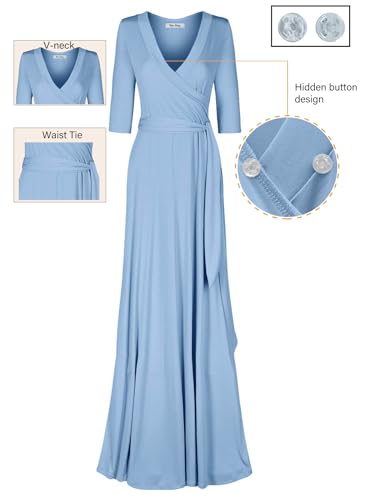 Image of Women's 3 /4 Sleeve Deep V-Neck Maxi Faux Wrap Solid Plus Size Dress