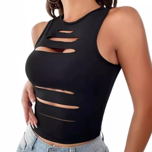 GWAWG Schwarz Geschnittenes Ärmelloses Crop Top für Damen, Sexy Mesh...