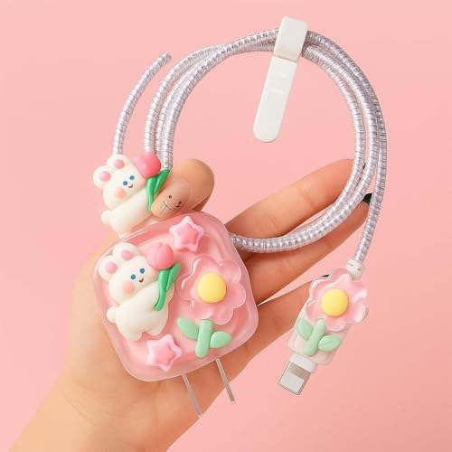 Image of Dezet for iPhone Charger 18-20W Cute Cartoon Charging Cable Protector Set for iPhone Fast Charging USB Cable with Protective Silicone Cover & Organizer Clip Stylish Design (STYL 3TH Cimemaroll Pink)