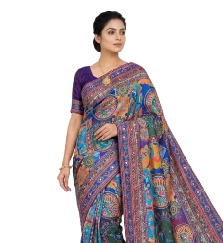 Image of Women's Chinon Silk Saree with Printed Design, Mirror Work & Zari Woven Detailing | Ethnic Wear Saree with Unstitched Blouse Piece | Traditional Festive & WeddingWear