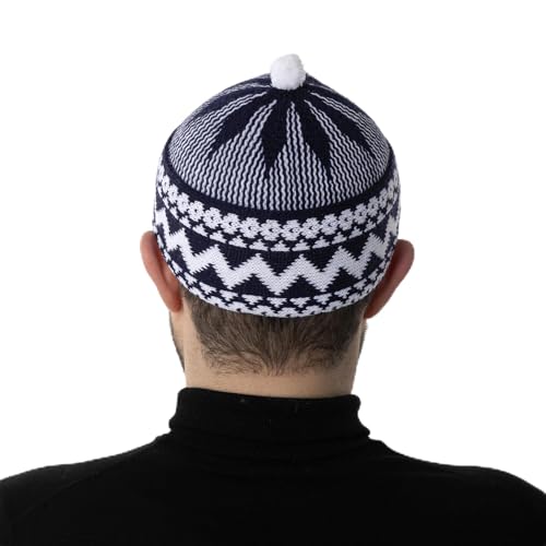 Modefa Mens Turkish Knitted Haji Muslim Kufi Hats for Men Breathable Prayer Cap for Daily Prayer & Casual Wear One Size (US Alpha One Size Navy Blue)