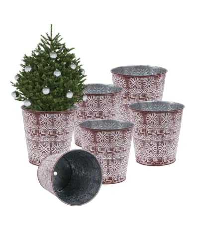 vensovo 6" Red Christmas Galvanized Planter - 6Pcs Farmhouse Metal Tin Bucket with Drain Hole and Plug Xmas Gift Vintage Flower Pot for Party Table Centerpieces Outdoor Garden Home Decor(Deer Style)