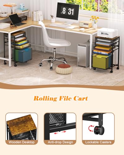 Image of Feyejade Compact 5-Tier Rolling File Cart, Under Desk Metal Filing Cabinet | Printer stand top, sliding mesh trays for binder, letter size file storage, organizer for teachers and home office