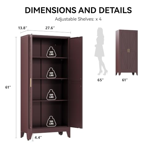 Image of COFaR 61 inch Metal Storage Cabinet with Doors and Adjustable Shelves, Tall Pantry Cabinet Freestanding Kitchen Pantry Storage Cabinet, Steel Cupboard for Bathroom, Living Room & Office, Reddish Brown