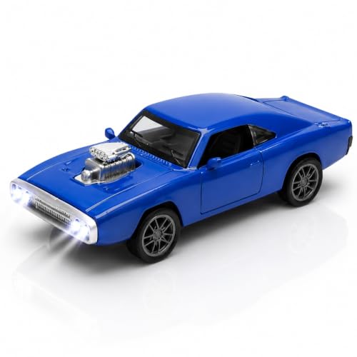 Image of 1970 Dodge Charger Die-Cast Toy Car for Kids - 1:36 Scale Pull Back Metal Model Car with Openable Doors, LED Lights & Music | Vintage Muscle Car Collectible Toy (Blue)