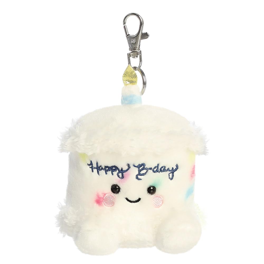 AURORA, 34147, Palm Pals Happy B’day Cake Clip-On, 10cm, Soft Toy, White