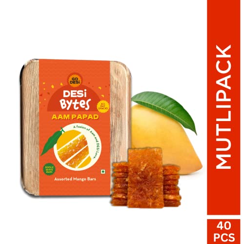 Image of GO DESi Mango Fruit Bars, 40 Bars, Aam Papad, Spicy Fruit Roll-Ups, Assorted Flavor, Individually Wrapped, No Preservatives, No Artificial Flavour, No Colour, 470 Gram