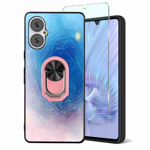 Tuxiwei for Nuu Mobile A15 Case Tempered Glass Screen Protector+360° Rotatable Ring Holder Kickstand, [Blue-Pink Gradient Starry Sky Art Design] Slim Fit TPU NUU A15 Phone Cover | Magnetic Car Holder