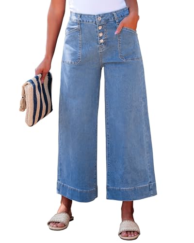 luvamia Womens Cropped Wide Leg Jeans High Waisted Button