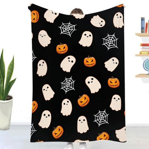 Halloween Flauschige Decke, Halloween Fluffy Blanket Mit Niedlichem Ghosts Muster, Kürbis Decke Schwarz, Kuscheldecke Herbst Aesthetic, Herbstdeko Decken für Sofa, Thanksgiving Gifts (150*200 CM)