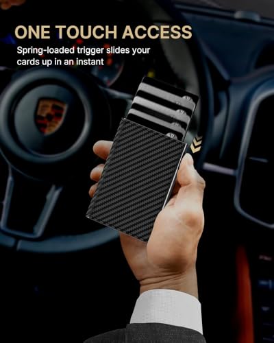 Image of Mens Wallet Card Holder: Genuine Leather, Smart, RFID Blocking, Slim, Pop Up Aluminum Case, Minimalist, Front Pocket - 9-14 Card Capacity, ID Window, Cash Slot (Minimalist Carbon Fiber Black)