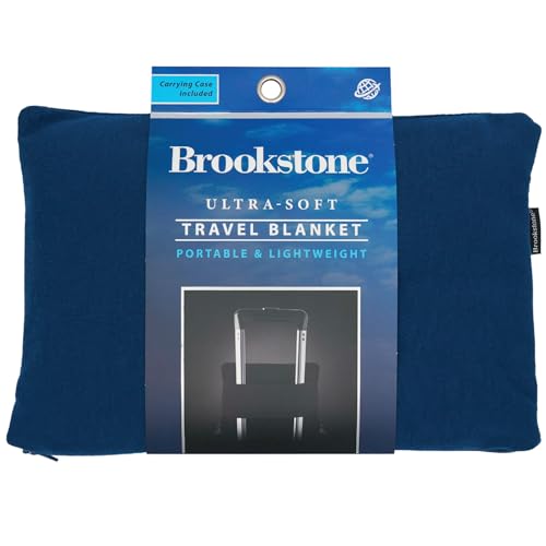 Brookstone Travel Blanket - 2-in-1 Super Soft Lightweight Throw Blanket with Carrying Pouch, Airplane & Car Travel Essentials, Blue