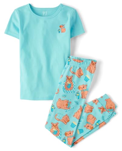 Image of The Children's Place Girls' 100% Cotton Short Sleeve Top and Pants,2 Piece Pajama Set