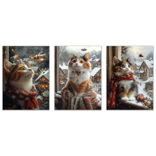 NEKAOEU(ネカオウ) 3枚セット クリスマス 壁アート絵画 かわいい窓の動物 かわいいクリスマス冬のポスターワーク、ホリデーデコレーション、プレミアムギャラリーラップキャンバス 写真パネル(ベージュ6)-30x45cmx3 額無し