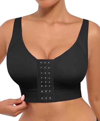 FeelinGir Front Closure Post Surgical Bra Post Surgery After Breast Augmentation Post Op Bra Wirefree Compression A-Black