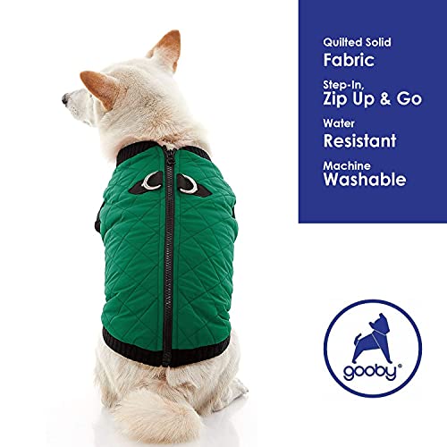 Image of Gooby Fashion Vest Dog Jacket, Green, X-Large | Quilted bomber, water-resistant; Stretch knit bottom; Dual D-ring leash; Pain-free zipper guard; Warm