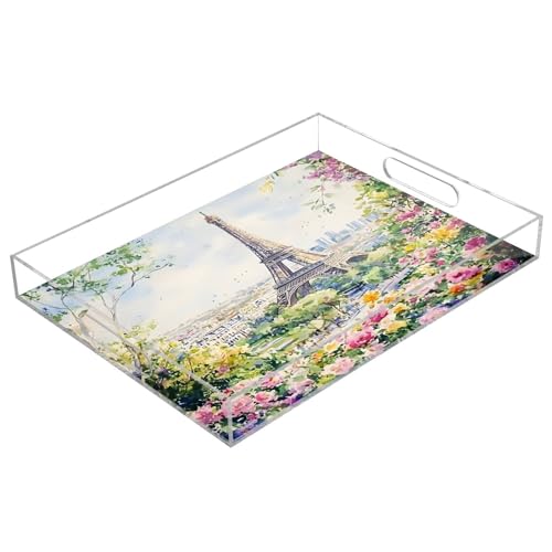 BOESI Watercolor Tower and Flower Sea Pattern Acrylic Decorative Dining Tray, Acrylic Decorative Tray Organizer with Handle for Kitchen, Dining Room, Bathroom, Dresser