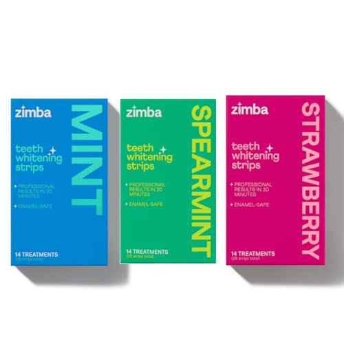 Zimba Teeth Whitening Strips 3-Pack Bundle (Mint, Spearmint, Strawberry) | Vegan Whitening Strip Enamel Safe Teeth Whitening Hydrogen Peroxide Teeth Whitener for Coffee, Wine, Tobacco & Other Stains