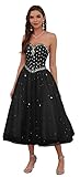 Likedpage Tea Length Tulle Prom Dress, Strapless Sweetheart Beaded Ball Gown ZC1 Black US6