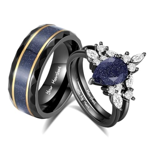 cosebelle Custom Engraved Couples Ring Set - Pear-Shaped Blue Sandstone & Black Tungsten - Personalized His and Hers Band Promise Ring