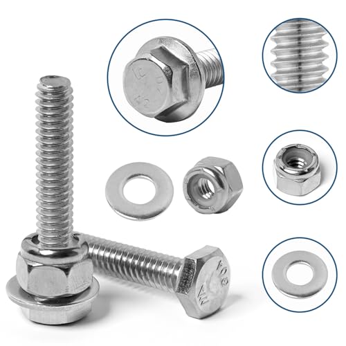 Image of 1 /4-20 Flange Hex Bolts Screws Nylon Insert Lock Nuts Flat Washers Kit, Stainless Steel 304, Fully Threaded Hex Bolt 1 /4-20 x 1 /2 inch 3 /4 inch 1 inch 1-1 /4 inch 1-1 /2 inch 1-3 /4 inch 2 inch Length