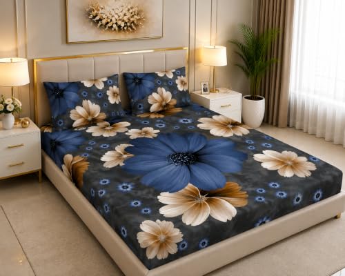 Image of 7D Digital Printed King Size Bedsheet | 240TC Premium Cotton Feel Microfiber with 2 Pillow Covers | Soft Breathable & Wrinkle Free Bedding Set | (Blue&Gray, King Size-90x100 Inch)
