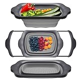 XL Large Kitchen Strainer by Comfify - Collapsible Silicone Over-The-Sink Colander with Extendable Handles - Use with Pasta, Fruit, Berries & Veggie - 6 Quart - Gray