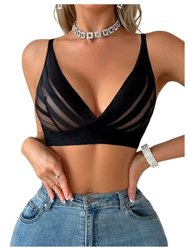 SOLY HUX Women's Deep V Neck Bralettes Mesh Sheer Adjustable Straps Wireless Bras