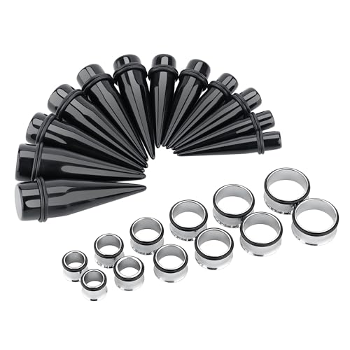 24PC Ear Stretching Kit 00G-20MM Big Gauges Surgical Steel Tunnels Plugs and Taper Stretching Kit-Ear Expander (Black Silver)