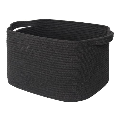 WILLITAT Woven Storage Basket Medium Cotton Rope Bathroom Storage Basket for Shelves Rectangular Basket for Towels Shoes Books Gifts Soft Kids Dog Toy Box Baby Nursery Bin 38x28x22.5cm Black