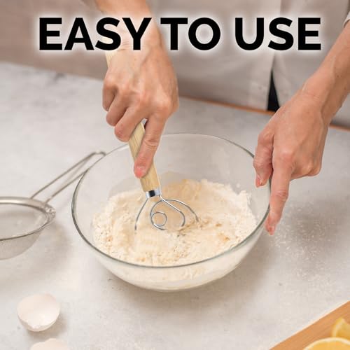 Zulay Kitchen 13-Inch Danish Dough Whisk - Wooden Danish Whisk for Dough with Stainless Steel Dough Hook - Traditional Dutch Whisk - Bread Whisk for Sourdough, Pizza, Pastry, Cake Batter