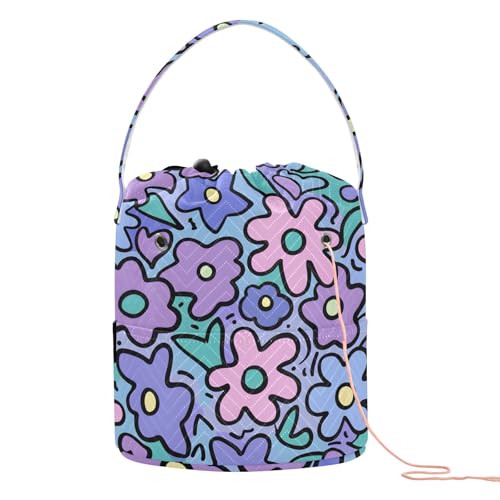 Yarn Storage Bag Small Crochet Bag Knitting Bag Organizer Purple Flowers Cartoon Yarn Bags for Crocheting Basket