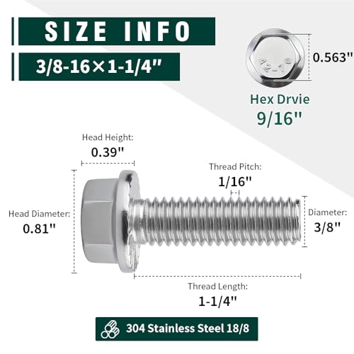 Image of 3 /8-16 x 1-1 /4 inch Flanged Hex Head Bolts Screws, 304 Stainless Steel 18-8, Full Thread, Coarse Thread, 8 PCS