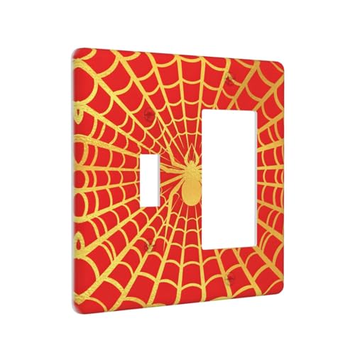 Decorative Outlet Covers Red Background with Golden Spiderweb Spider 2 Gang Outlet Cover Wall Plate Single Toggle Rocker Light Switch Cover Plate Switch Plate Covers for Home Decor