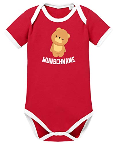 Comedy Shirts - Clipart Bär - Wunschname - Baby Contrast Body - Rot-Weiss/Weiss Gr. 86/92