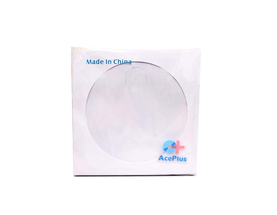 AcePlus 1,000 Pieces White Paper Sleeves for CDs or DVDs - Envelope Holder with Clear Window and Flap, 80g Economy Weight (1 Box = 10 packs x 100 Sleeves)