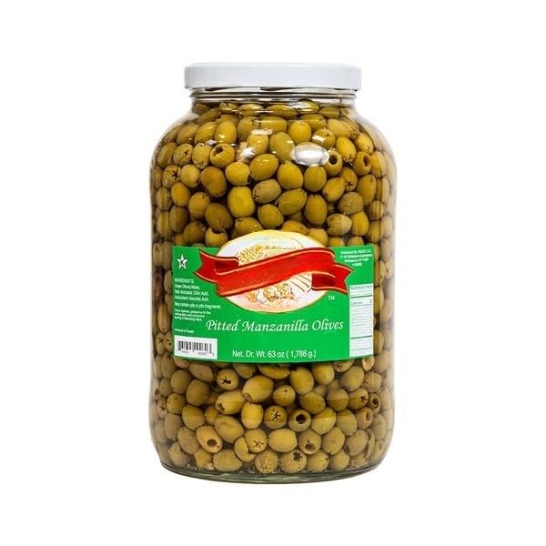 Pitted Manzanilla Olives – Mild Green Olives with Smooth Texture for Salads, Pasta, and Snacks, Ready-to-Use in Brine for Cooking, Garnishing, and Everyday Meals - gallon , dr wt [ 63 oz , 3.9 lb ] .