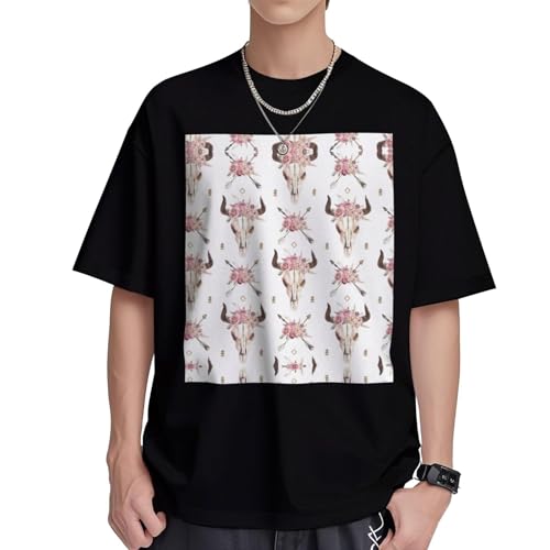 T-shirt homme col rond blanc style urbain motif taureau pour l'été en coton